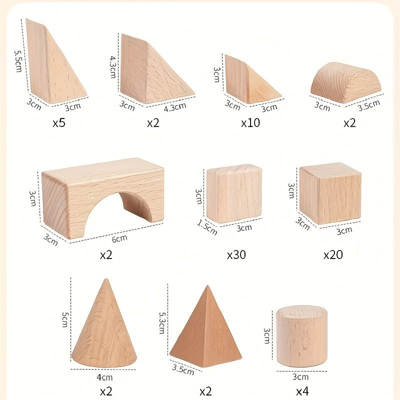 Wooden Building Blocks for Kids 100 Piece Solid Beech Wood Set – Unpainted Natural Stacking Blocks Ages 3-12, STEM Logical Thinking Educational Toy, Montessori Castle Puzzle Gift Boys Girls