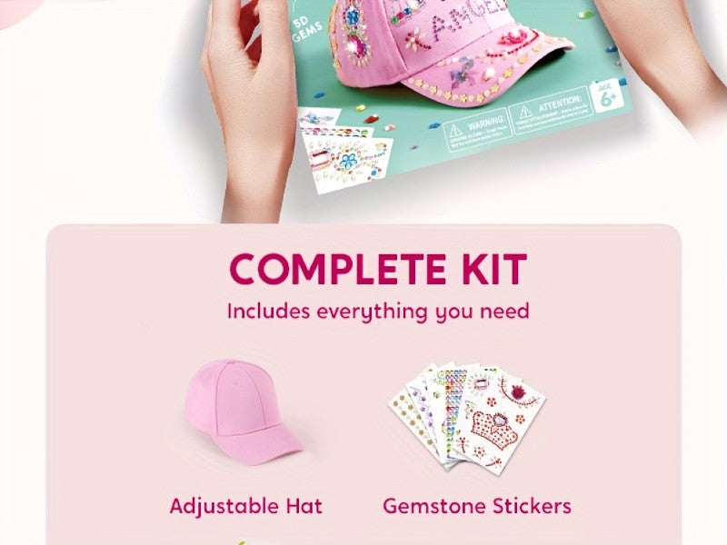 Decorate Your Own Pink Baseball Cap Kit with 7 Sheets Gem Stickers & Glitter Glue DIY Art Craft Toy Creative Gift for Girls Ages 6+