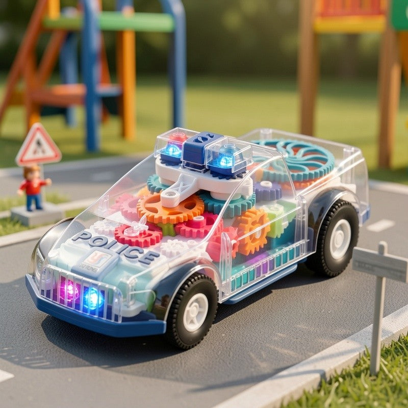 Electric Police Car Toy Transparent Gear Flashing Lights Music 360 Rotation Educational Toddler Toy for Kids Boys Girls Ages 3+ Birthday Christmas Gift