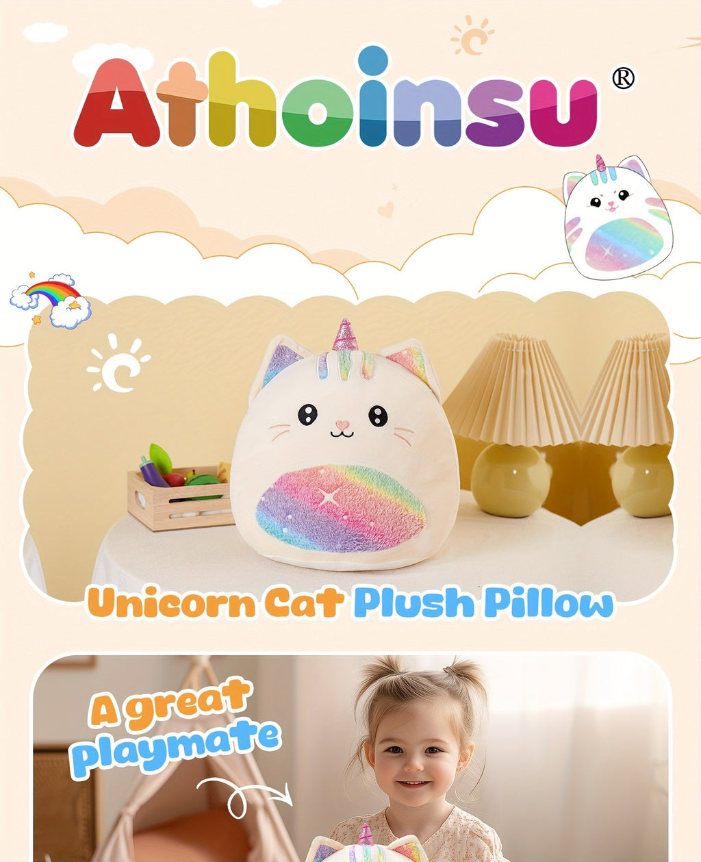 Rainbow Unicorn Kitty Plush Stuffed Pillow - Unicorn Cat Stuffed Animal for Room Decor, Fantasy Playroom Decor, Birthday Mother's Day Gift for Kids Girls Women Friends