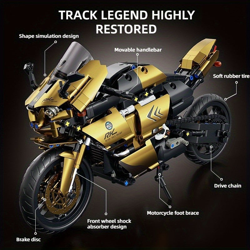 Motorcycle Building Blocks 1000pcs 1:10 Scale DIY Model Kit – Black & Gold Collectible Motorbike Display Ornament for Adults – Large Size Brick Set, Birthday & Christmas Gift for Motorcycle Fans