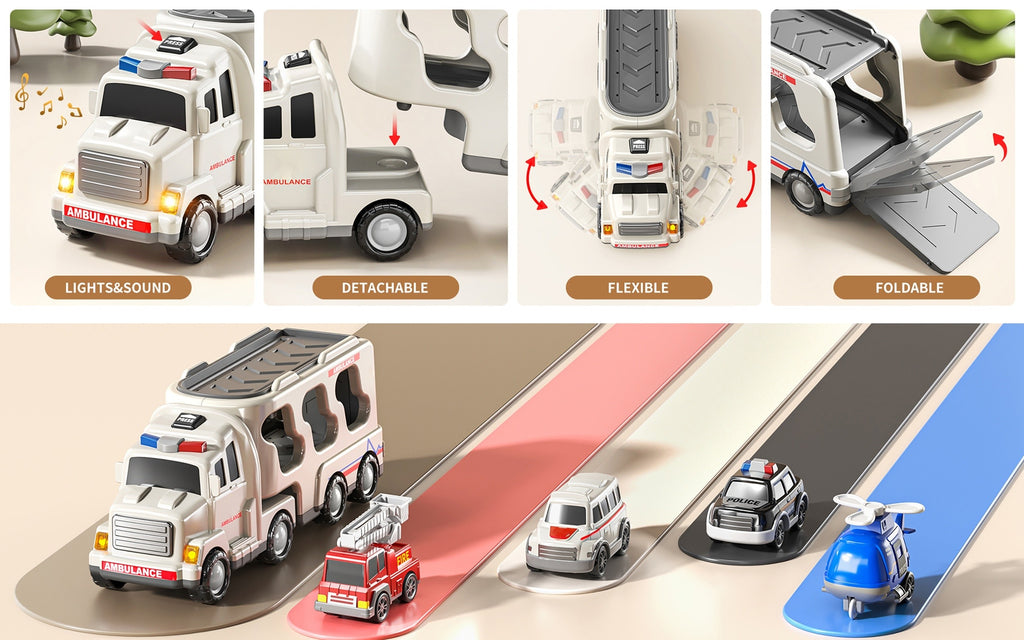 5-in-1 Ambulance Fire Truck Carrier Toy with Lights Sounds Friction Power Emergency Vehicle Playset for Kids Boys Girls Toddlers Ages 3 4 5 Birthday Christmas