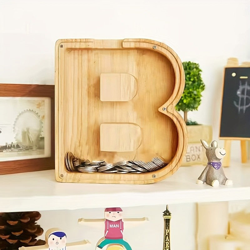 Wooden Alphabet Piggy Bank Money Jar – Large Personalized Letter Coin Savings Bank, Kids & Adults Christmas Birthday Gift, 26 Models A-Z