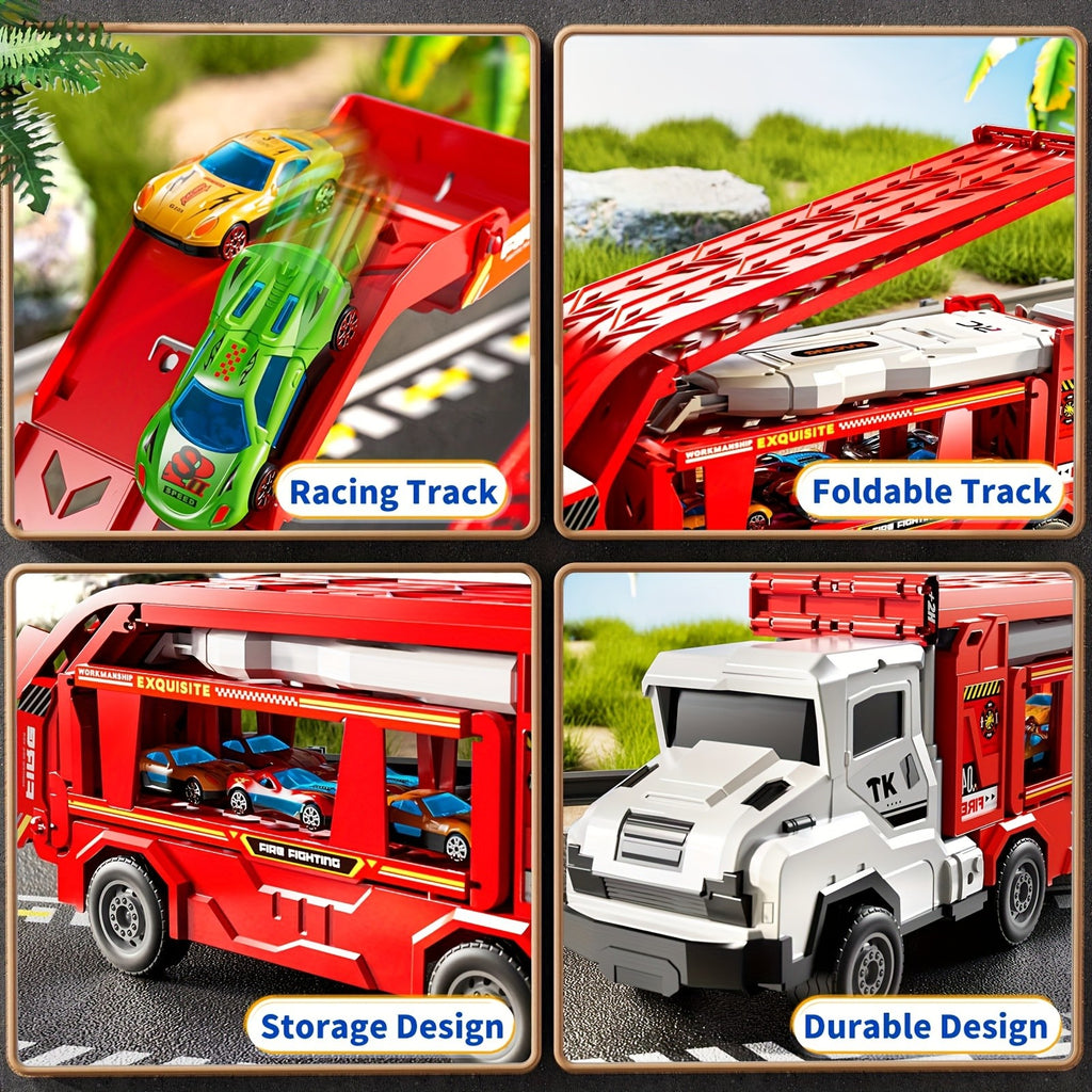 3-in-1 Kids Carrier Truck Toy with Car Tracks, 12 Racing Cars, Foldable Race Track & Garage – Toddler Birthday Gift for Boys Girls Ages 3+, Red