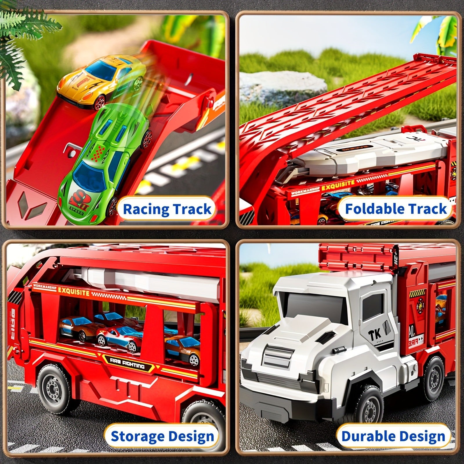 3-in-1 Kids Carrier Truck Toy with Car Tracks, 12 Racing Cars, Foldable Race Track & Garage – Toddler Birthday Gift for Boys Girls Ages 3+, Red