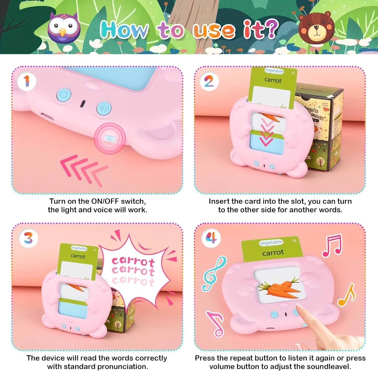 Talking Flash Cards Bear Shaped Sight Words Educational Learning Toy Toddler Kindergarten Preschool Speech Gift Kids Ages 2-6