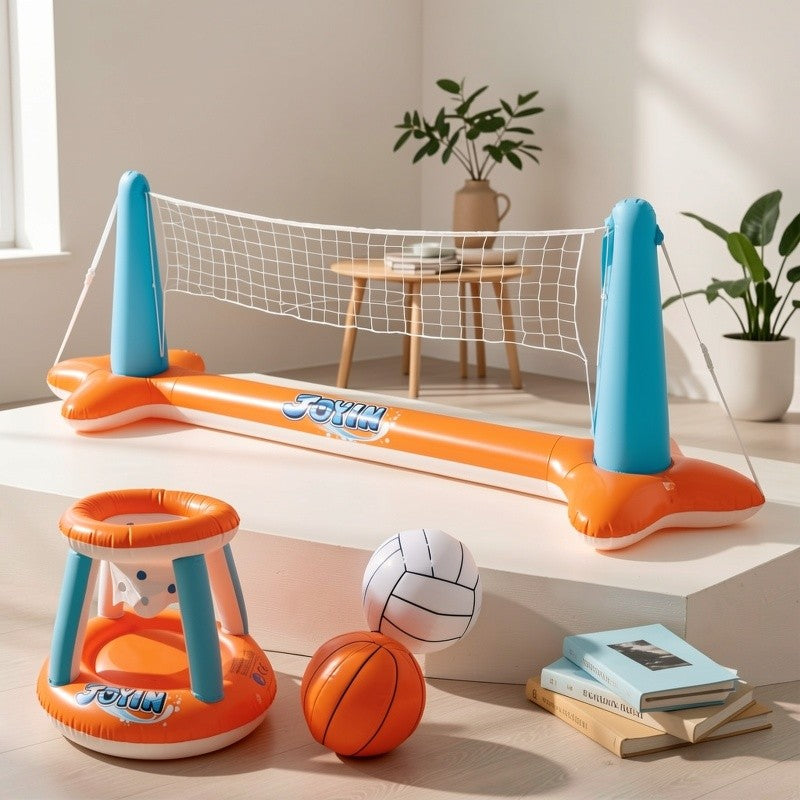Inflatable Pool Float Set Volleyball Net & Basketball Hoops Swimming Pool Games for Kids Adults Summer Party Floaties Outdoor Water Sports Toy Orange