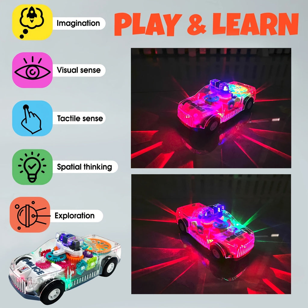 Electric Police Car Toy Transparent Gear Flashing Lights Music 360 Rotation Educational Toddler Toy for Kids Boys Girls Ages 3+ Birthday Christmas Gift