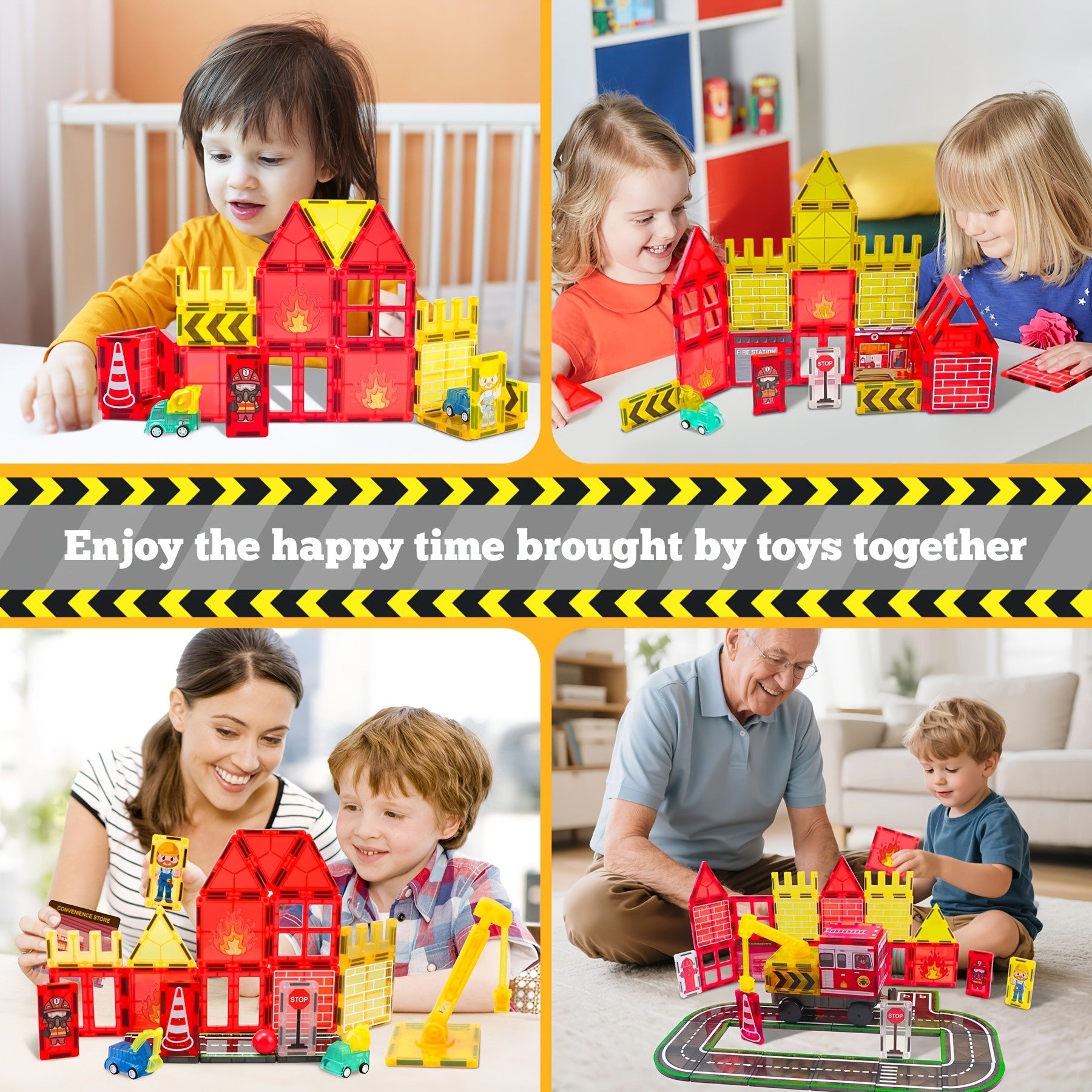 Magnetic Tiles Fire Rescue Set for Kids Ages 3+ – STEM Construction Toy with Fire Truck, Crane, Building & Road Tiles – Firefighting Magnetic Building Blocks Birthday Christmas Gift for Boys & Girls