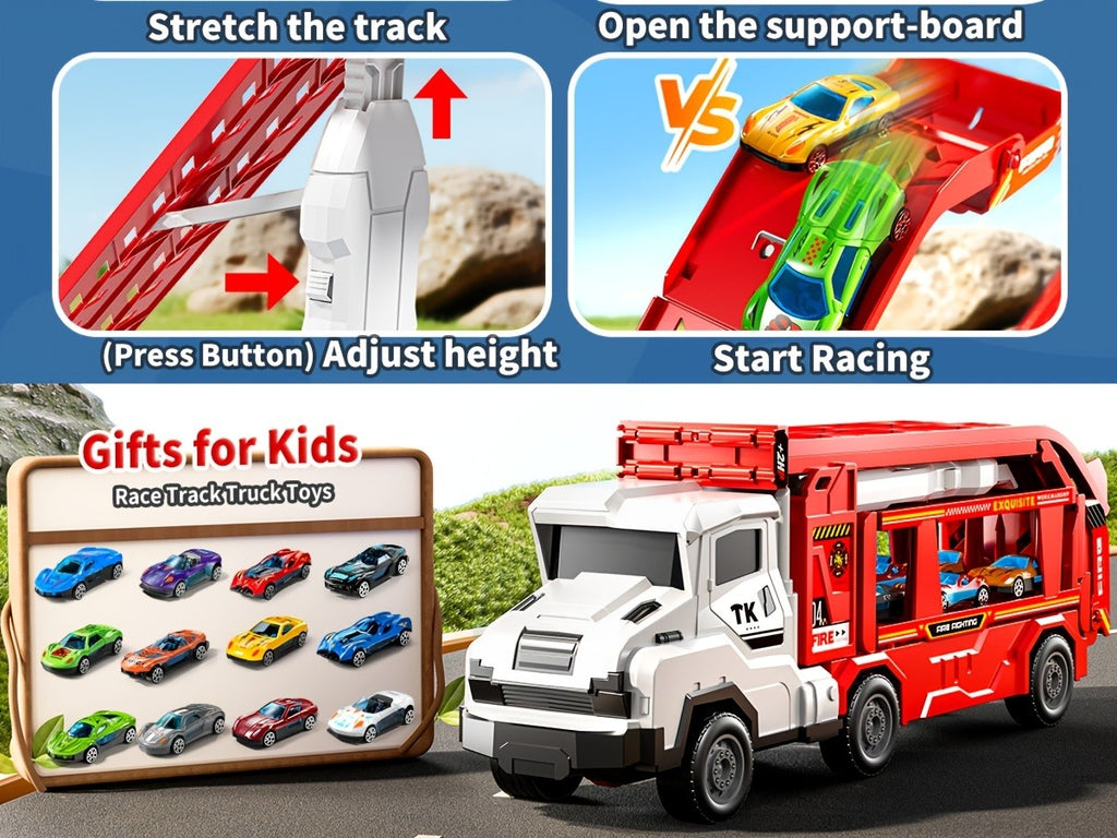 3-in-1 Kids Carrier Truck Toy with Car Tracks, 12 Racing Cars, Foldable Race Track & Garage – Toddler Birthday Gift for Boys Girls Ages 3+, Red