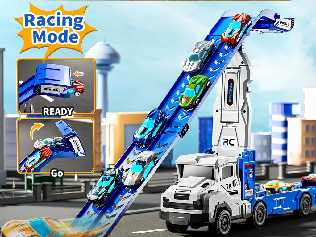3-in-1 Kids Carrier Truck Toy with Car Tracks, 12 Racing Cars, Foldable Race Track & Garage – Toddler Birthday Gift for Boys Girls Ages 3+, Blue
