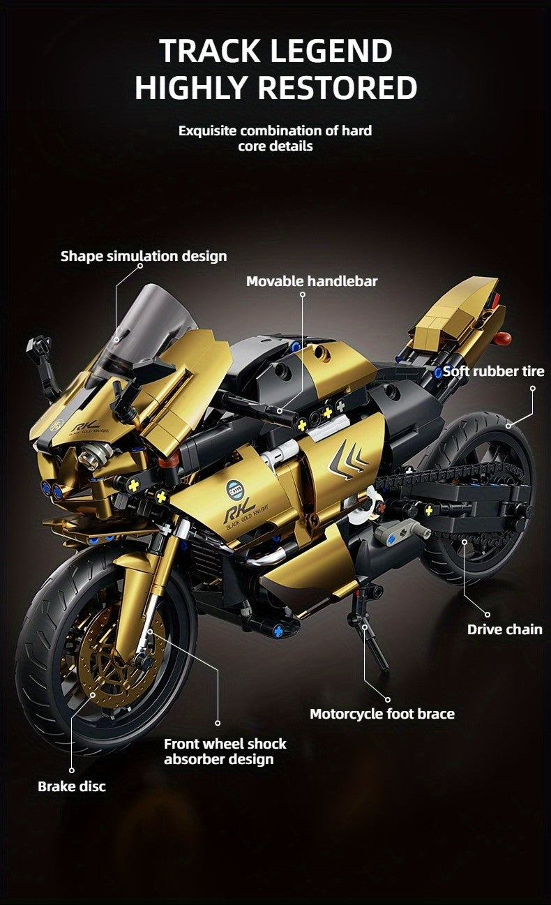 Motorcycle Building Blocks 1000pcs 1:10 Scale DIY Model Kit – Black & Gold Collectible Motorbike Display Ornament for Adults – Large Size Brick Set, Birthday & Christmas Gift for Motorcycle Fans