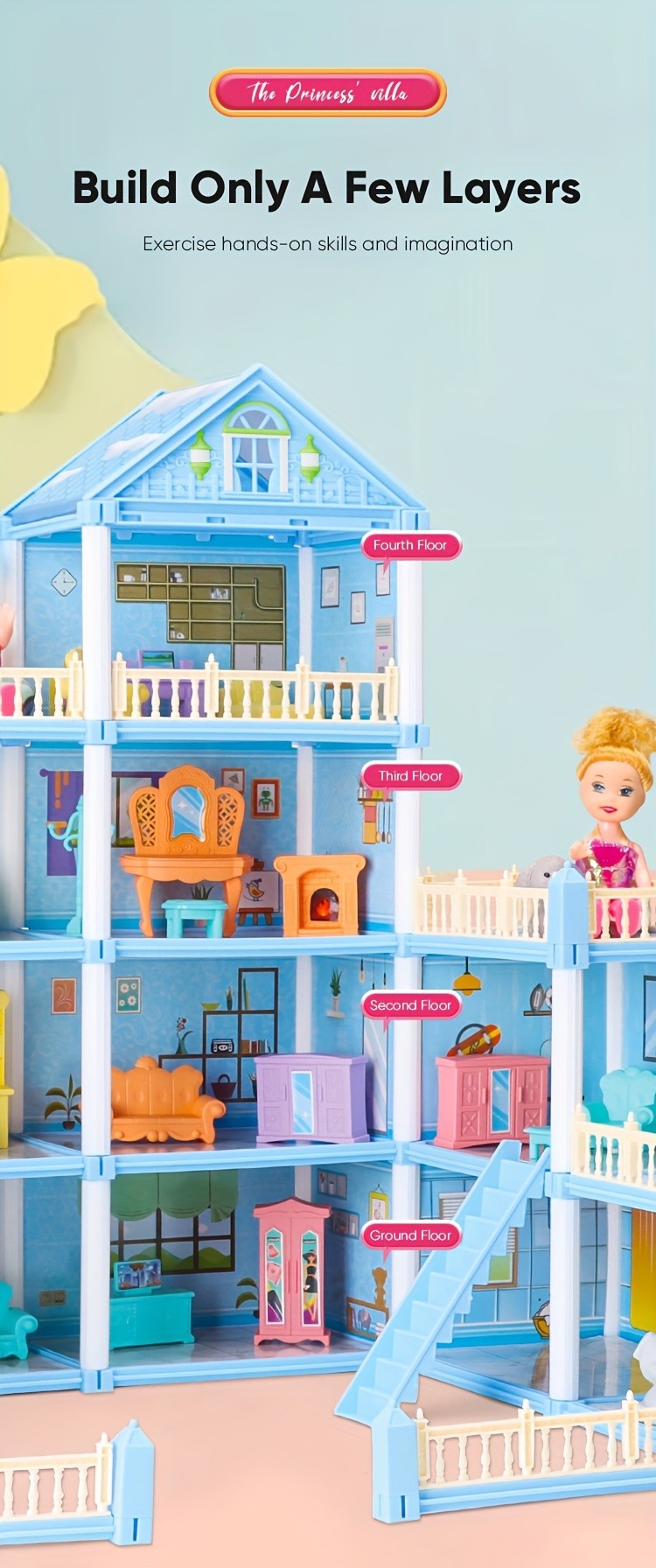 Dollhouse Princess Castle with Furniture – 11 to 27 Room Doll Villa Play Set for Girls Logical Thinking Toy Birthday Christmas Gift Kids Ages 3+ Pink Blue