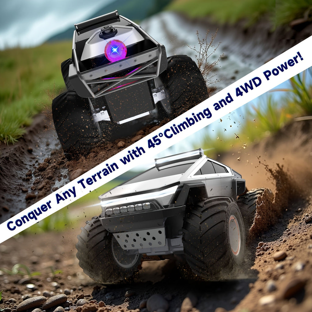 1:12 RC Monster Truck 4WD All-Terrain 2.4GHz Remote Control Car LED Lights Sound Music Ergonomic Grip Cybertruck Pickup Style Off-Road Kids Boys Birthday Christmas Gift