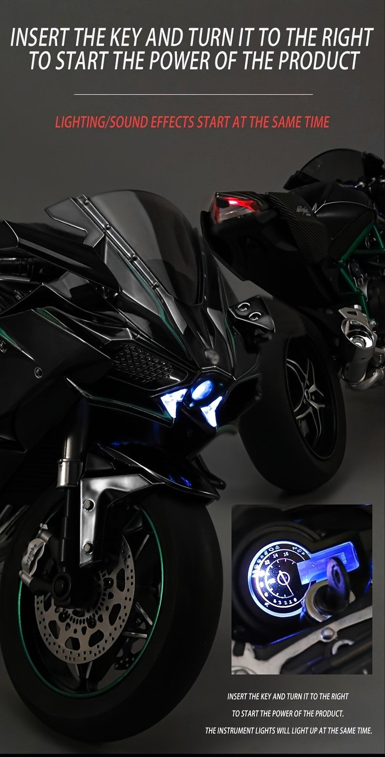 Die-Cast Motorcycle Model with Realistic Sound Effects & Exhaust Spray – 1:6 Scale Alloy Replica with LED Lights, Rotating Wheels & 8 Accessories, Collector Gift for Motorcycle Enthusiasts