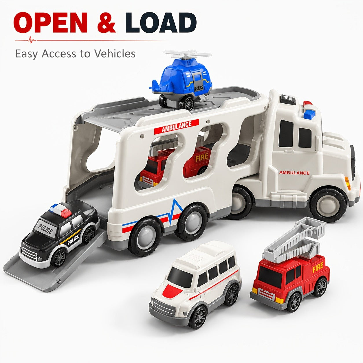 5-in-1 Emergency Vehicle Toy Set with Lights & Sounds – Friction Power Ambulance, Police Car, Fire Truck & Rescue Helicopter for Kids
