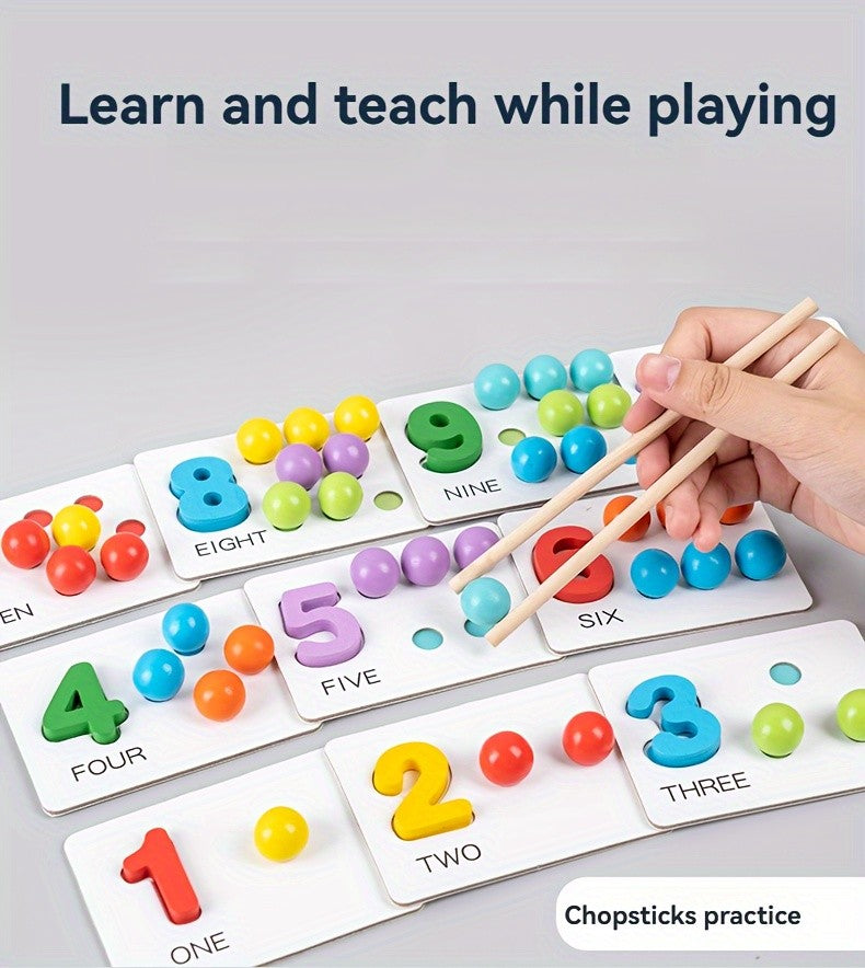 Colorful Wooden Bead Counting Set with Tweezers, Number Puzzle & Matching Cards – Fine Motor Skills Toy for Toddlers, STEM Learning Gift for Kids Ages 3+