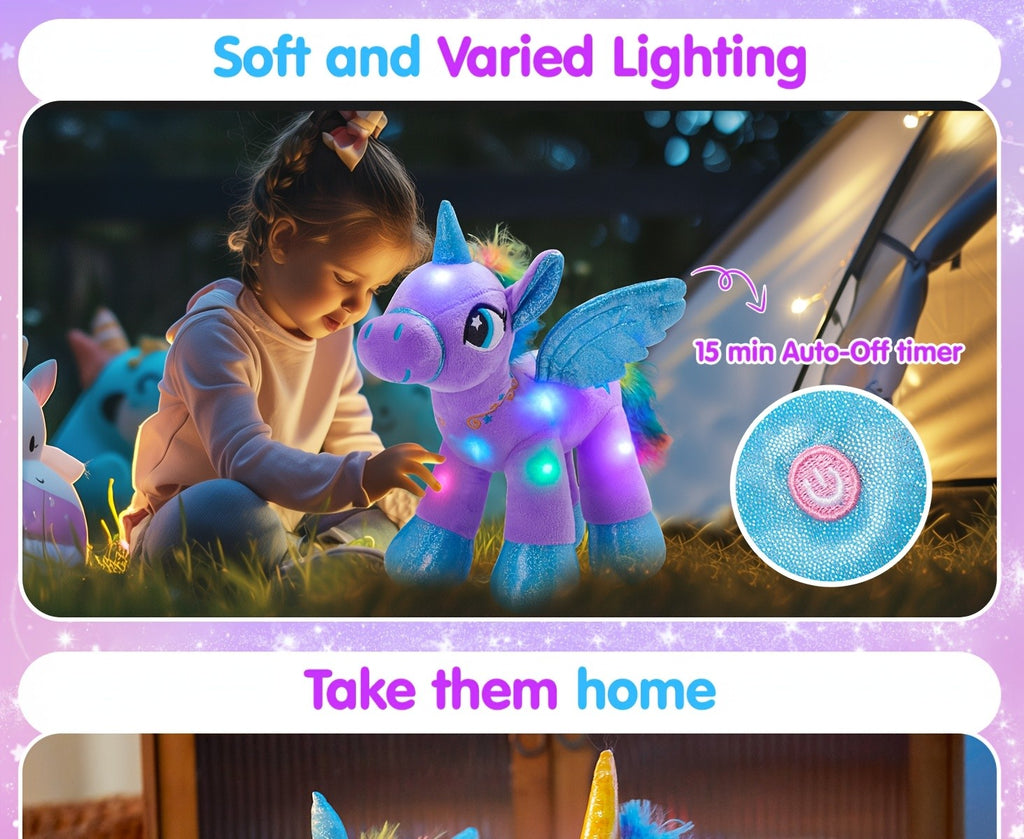 Glowing Unicorn Plush Toy 14 Inch – Purple Angel Unicorn Stuffed Animal with Flashing Night Light, Super Soft Hug Doll, Birthday Baby Shower Gift for Kids Girls, Princess Room Decor