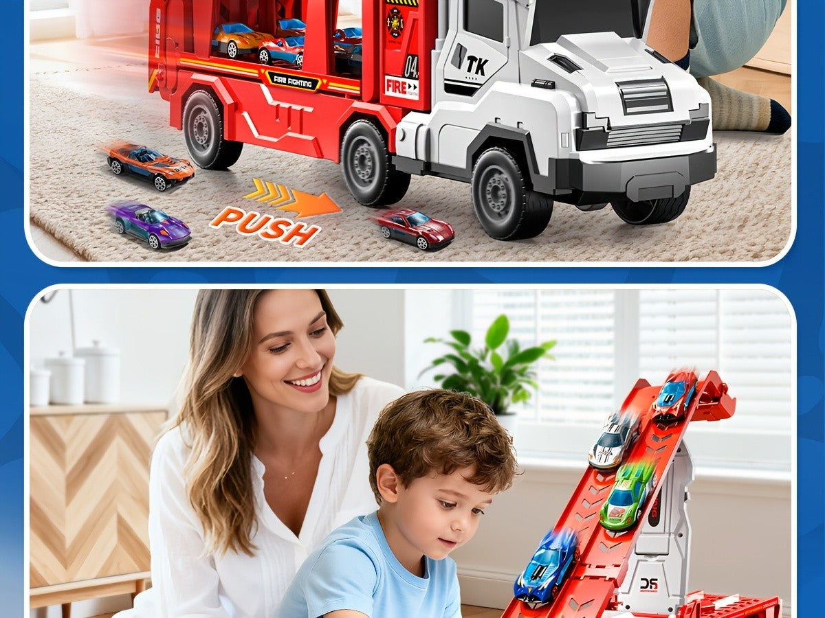 3-in-1 Kids Carrier Truck Toy with Car Tracks, 12 Racing Cars, Foldable Race Track & Garage – Toddler Birthday Gift for Boys Girls Ages 3+, Red