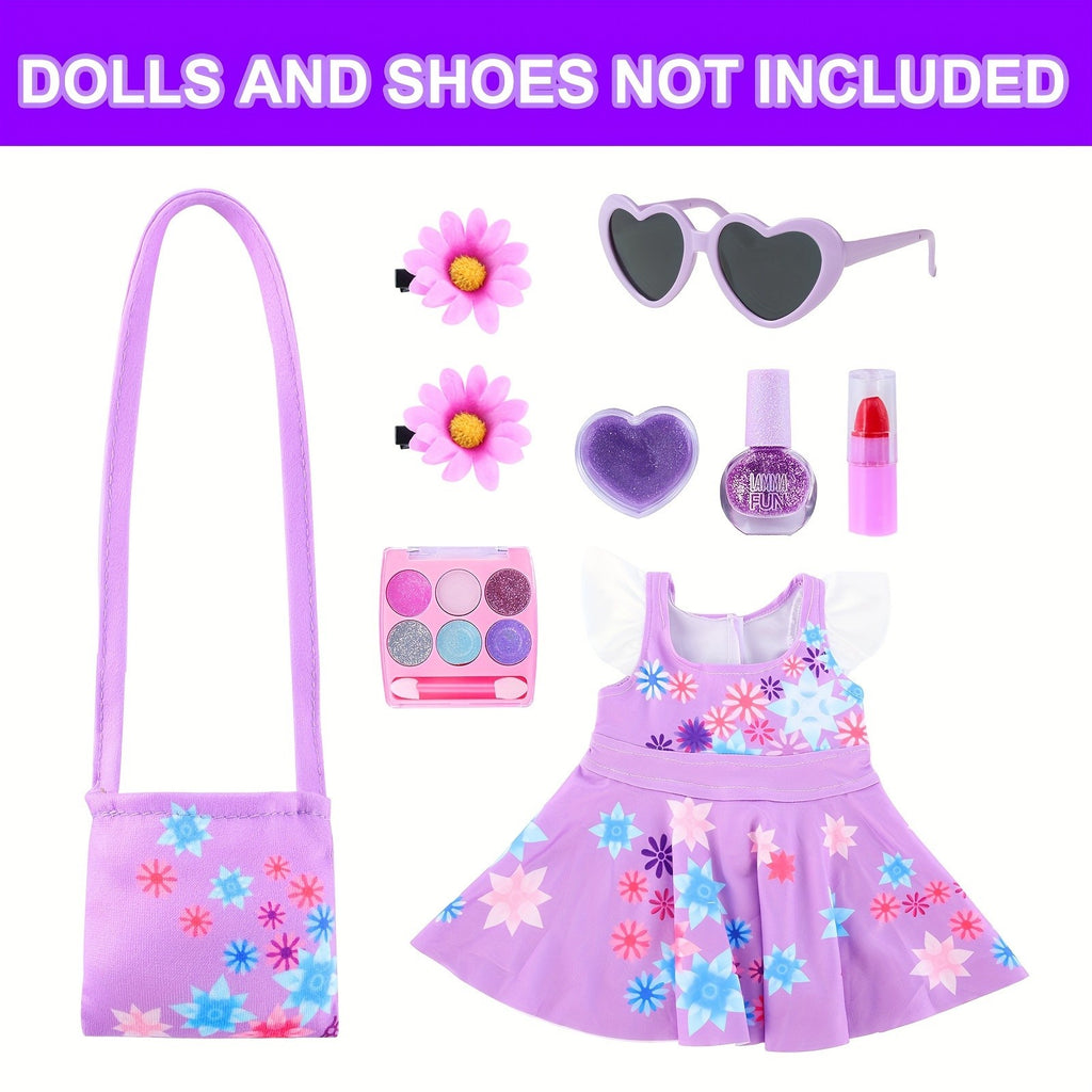 18 Inch Doll Clothes & Makeup Accessories Set – Skirt, Handbag, Hairpin, Eyeshadow, Nail Polish & Lipstick for 18 Inch Dolls Gift Ages 3+