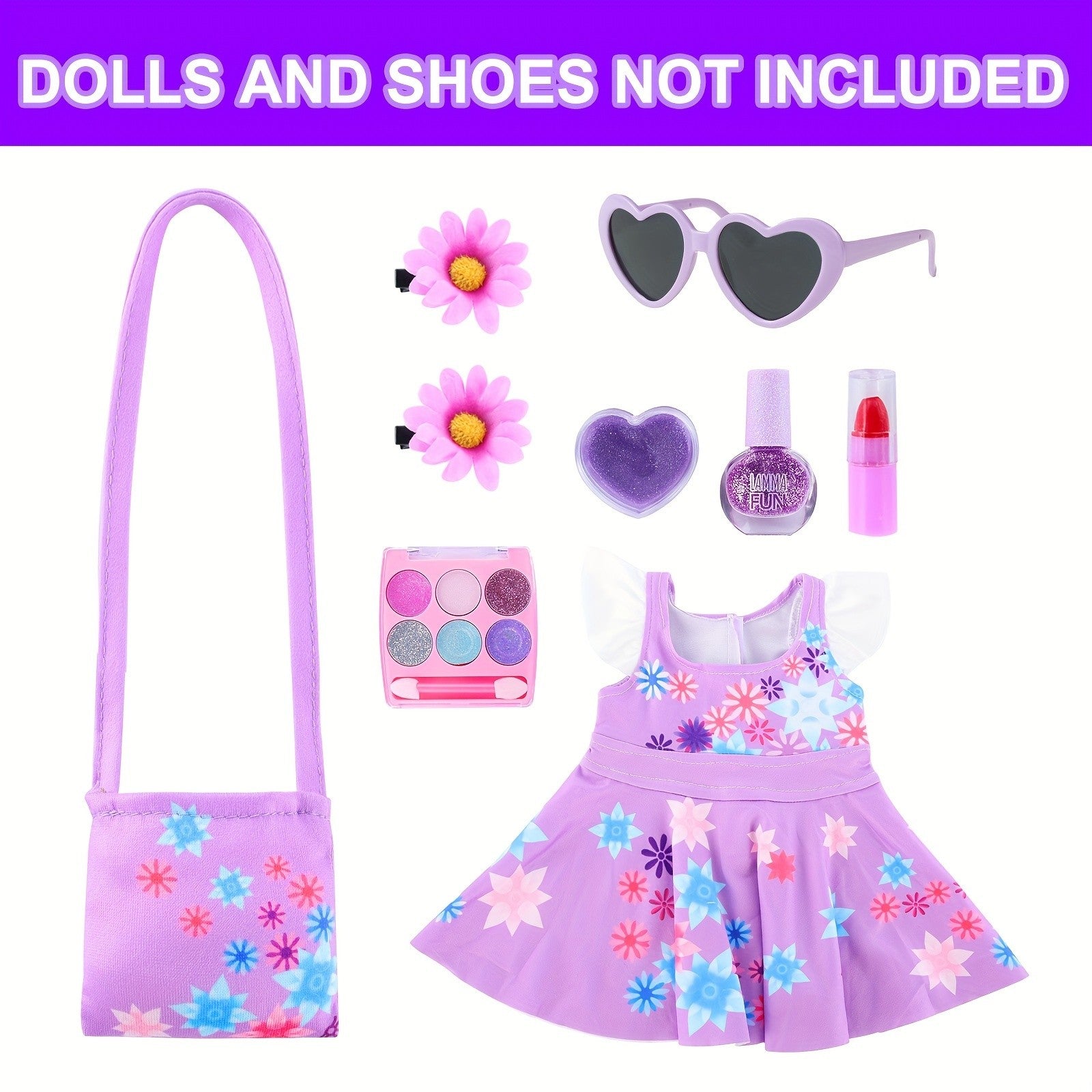 18 Inch Doll Clothes & Makeup Accessories Set – Skirt, Handbag, Hairpin, Eyeshadow, Nail Polish & Lipstick for 18 Inch Dolls Gift Ages 3+
