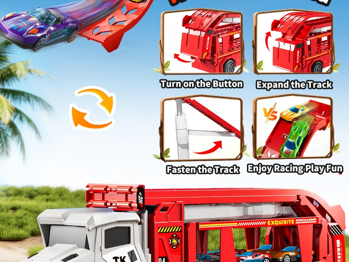 3-in-1 Kids Carrier Truck Toy with Car Tracks, 12 Racing Cars, Foldable Race Track & Garage – Toddler Birthday Gift for Boys Girls Ages 3+, Red