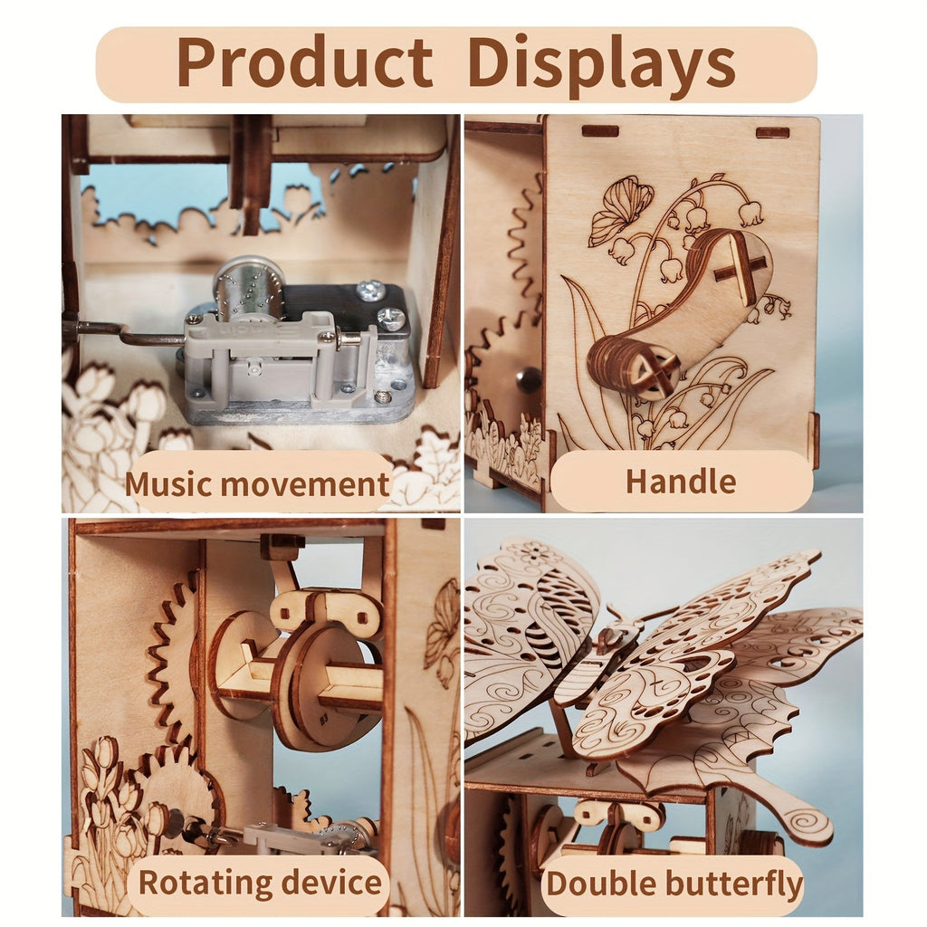 3D Wooden Puzzle Music Box You Are My Sunshine, Butterfly Hand Handmade Assembly Model Kit, Unique Christmas Birthday Holiday Gift for Women Girls & Music Lovers