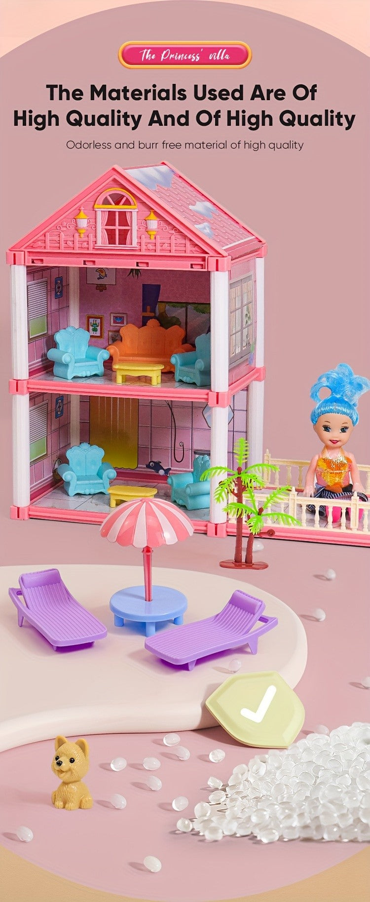 Dollhouse Princess Castle with Furniture – 11 to 27 Room Doll Villa Play Set for Girls Logical Thinking Toy Birthday Christmas Gift Kids Ages 3+ Pink Blue