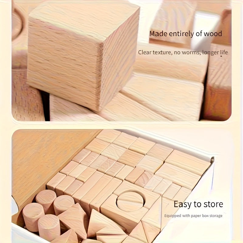 Wooden Building Blocks for Kids 100 Piece Solid Beech Wood Set – Unpainted Natural Stacking Blocks Ages 3-12, STEM Logical Thinking Educational Toy, Montessori Castle Puzzle Gift Boys Girls