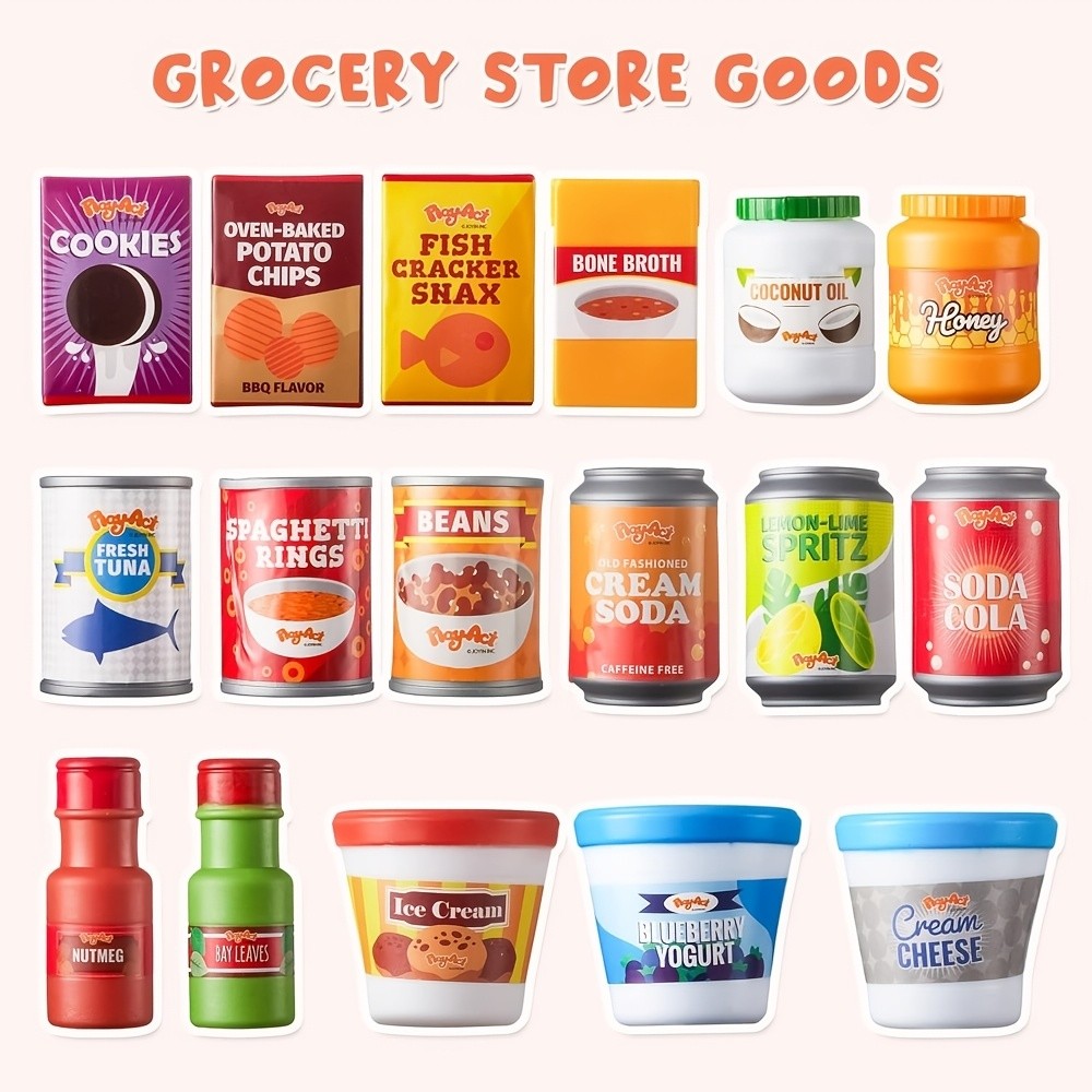 30-Piece Play Food Grocery Cans Set – Pretend Kitchen Additions with Drink, Juice, Snack & Yogurt Cans for Kids, Easter Basket Stuffers & Party Favors
