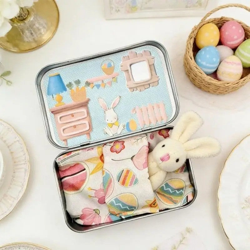 Mini Bunny Adoption Set Pocket Dollhouse Bunnies with Accessories in Decorative Tin Box – 4 Styles Easter Basket Gift Miniature Collector Toy Ages 3+
