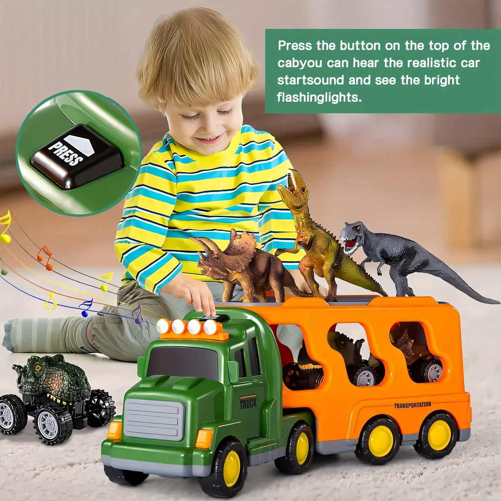 7-in-1 Dinosaur Transport Truck Toy Set with 3 Dino Figures 3 Monster Cars Lights Sounds Friction Push Go for Kids Boys Girls Ages 3 4 5 Birthday Christmas