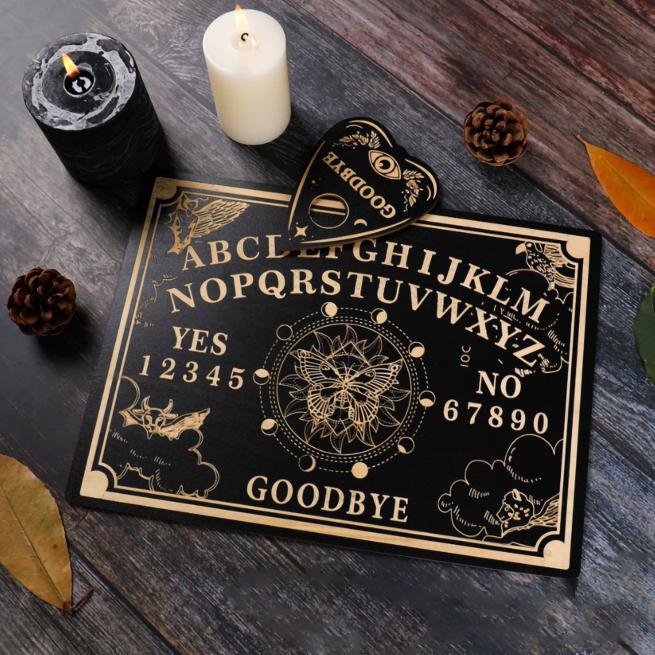 Ouija Board Wooden Psychic Set 2pcs – Handmade Carved Spiritual Guidance Divination Board Witchcraft Altar Decor Halloween Gift for Witches Moon Butterfly