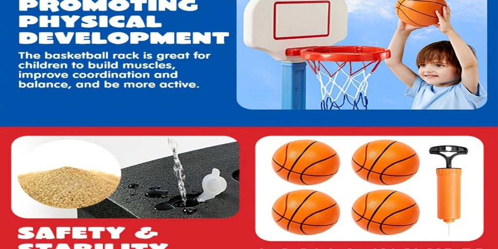 Adjustable Basketball Hoop Set for Kids with 4 Balls & Air Pump – Height 2.5–3.5 Ft, Indoor Outdoor Arcade Game, Sports Toy Gift for Boys & Girls Ages 3+