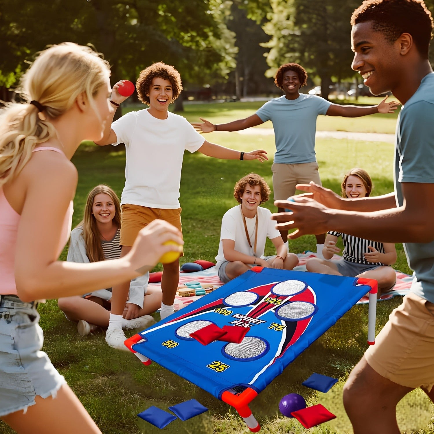 5-Hole Bean Bag Toss Board Game Set with 8 Bean Bags & Carry Bag – Outdoor Indoor Party Game for Kids Adults Backyard Camping Beach Tailgate