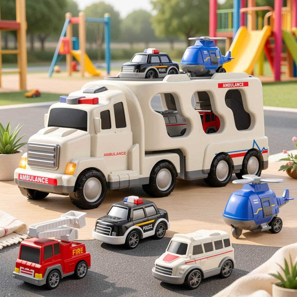 5-in-1 Emergency Vehicle Toy Set with Lights & Sounds – Friction Power Ambulance, Police Car, Fire Truck & Rescue Helicopter for Kids