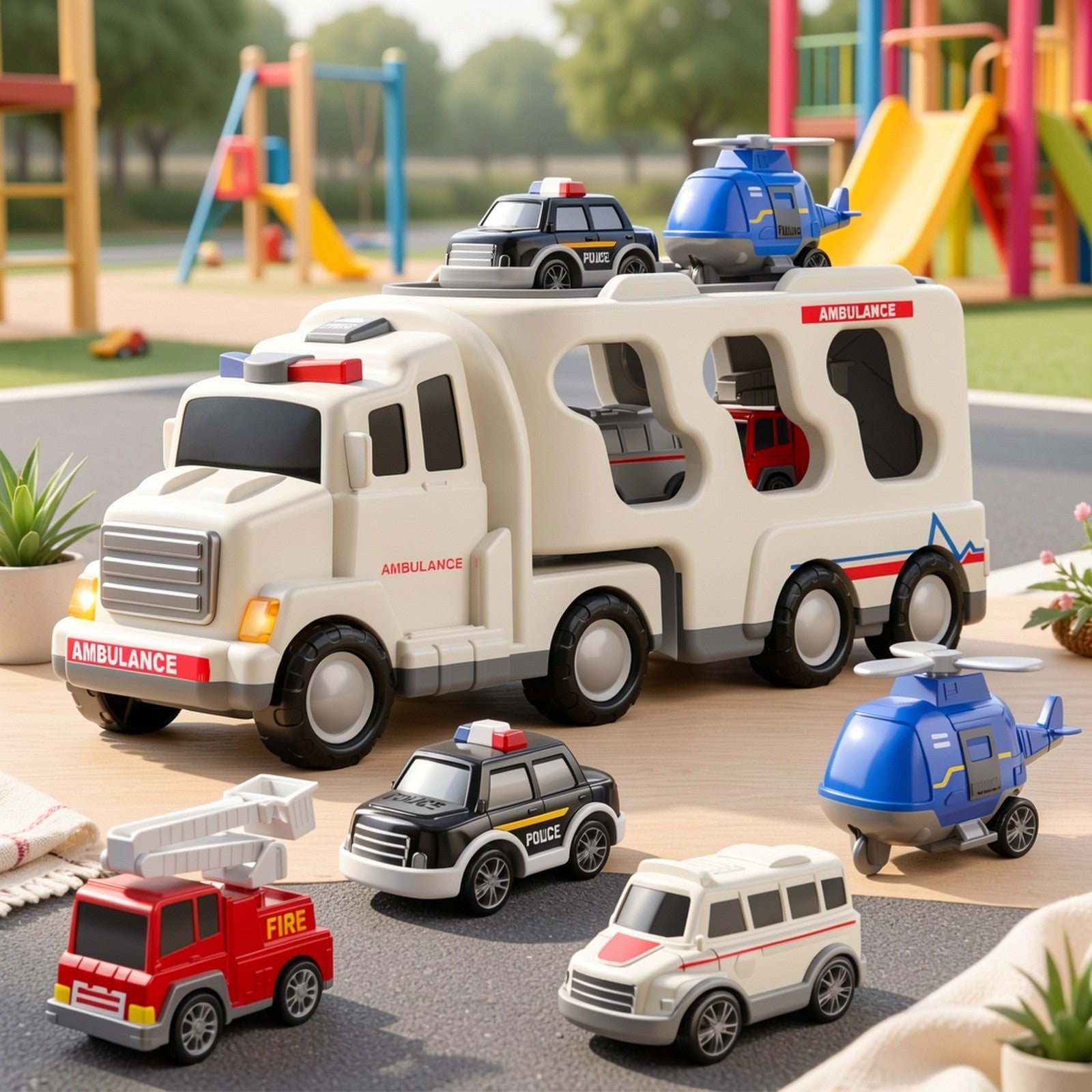 5-in-1 Emergency Vehicle Toy Set with Lights & Sounds – Friction Power Ambulance, Police Car, Fire Truck & Rescue Helicopter for Kids