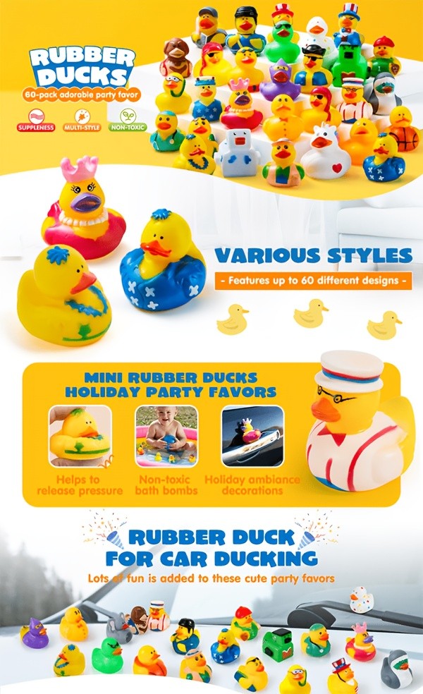 SYNCFUN Mini Rubber Duck Bath Toy Set 60pcs - Assorted Designs with Mesh Carry Bag, Bulk Rubber Duckies for Kids Bath Time, Baby Shower Party Favor, Pool Toy for Boys Girls