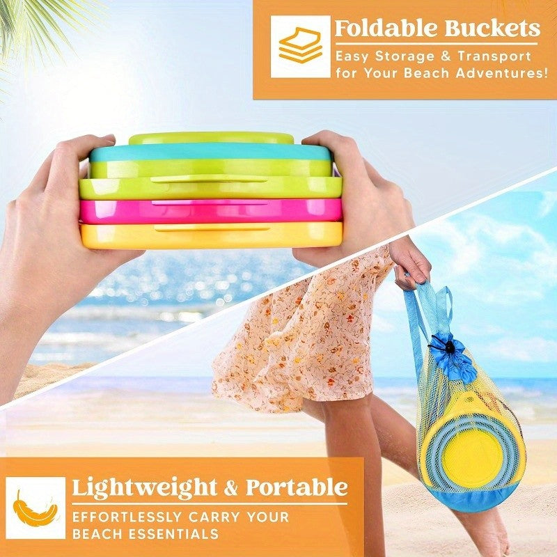 Foldable Beach Bucket Set 3 Pack Collapsible Sand Pails with Shovels & Mesh Bag – Kids Beach Toy for Sand Play, Pool, Camping