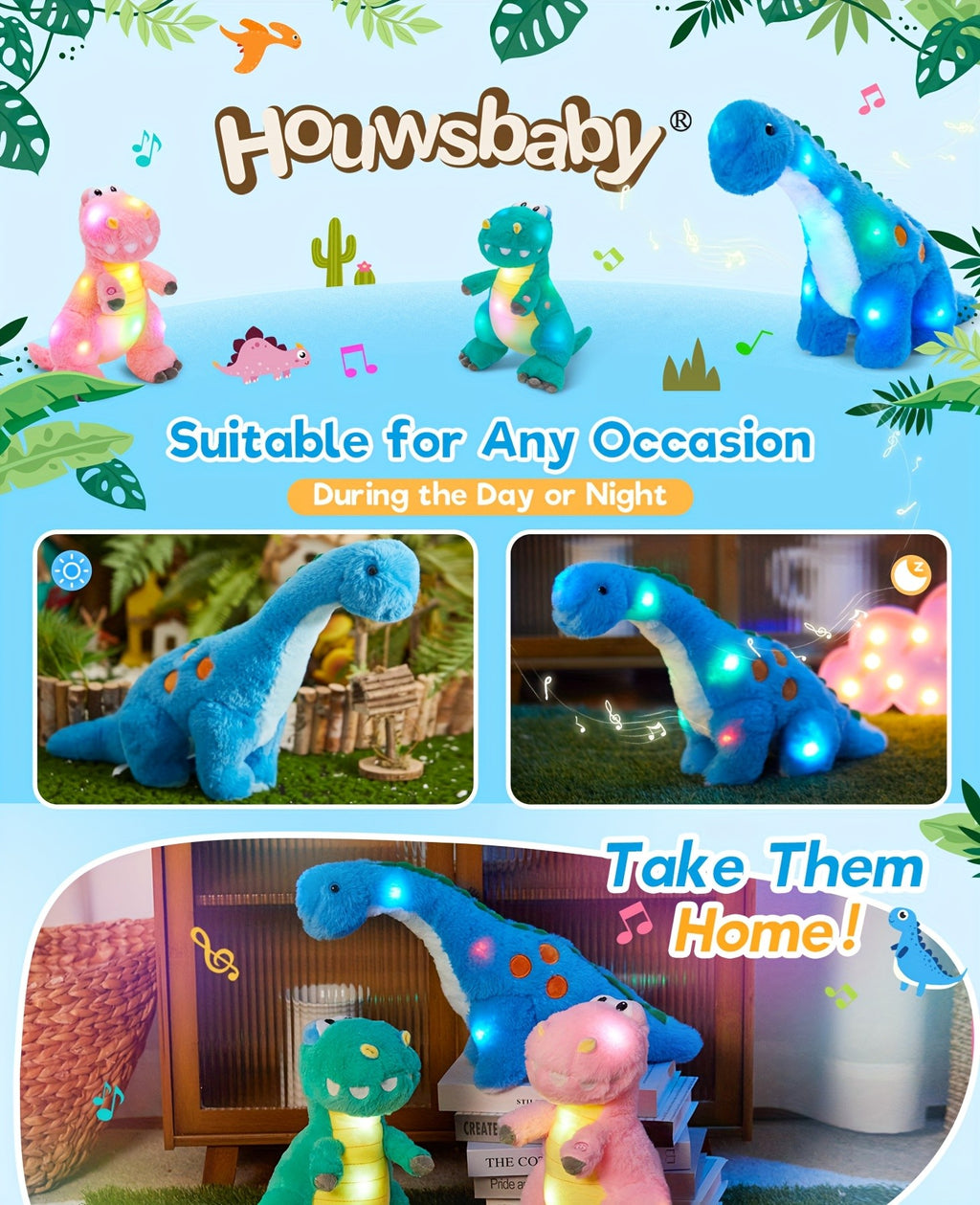 Musical Glowing Dinosaur Stuffed Animal Plush Toy 14 Inch with Light Up & Sound Effects - Soft Cute Dino Plushie Gift for Kids Boys Girls, Birthday Holiday Christmas Gift, Stress Relief Sensory Toy