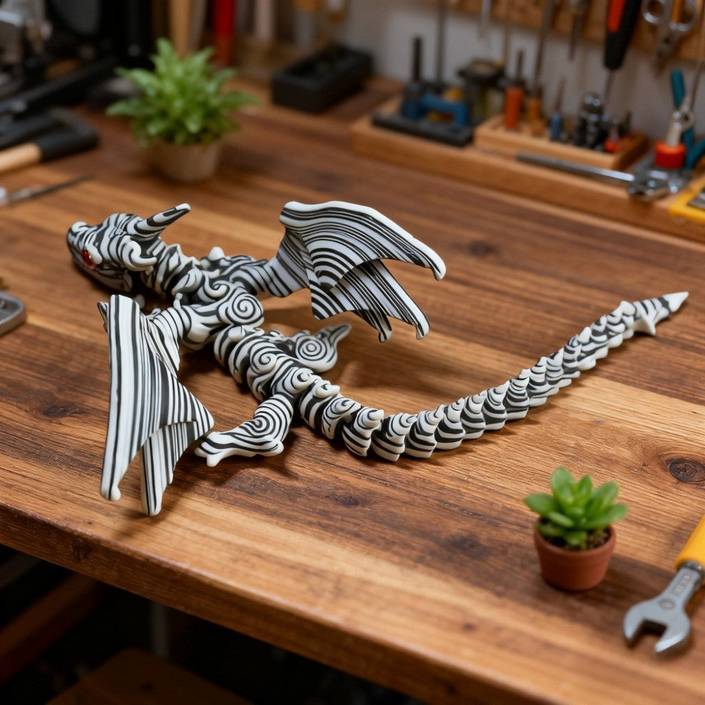Articulated Cybernetic Dragon Statue 3D Printed Figurine – Black & White Swirl, Random Eye Color, Poseable Desktop Collectible Art Gift for Dragon Lovers & Teens