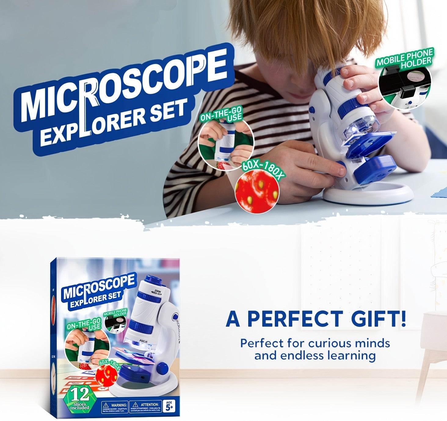 Kids Microscope Explorer Set 2-in-1 Science Experiment Toy 60x-180x Magnification 12 Specimen Slides Phone Holder STEM Gift Boys Girls Ages 5+