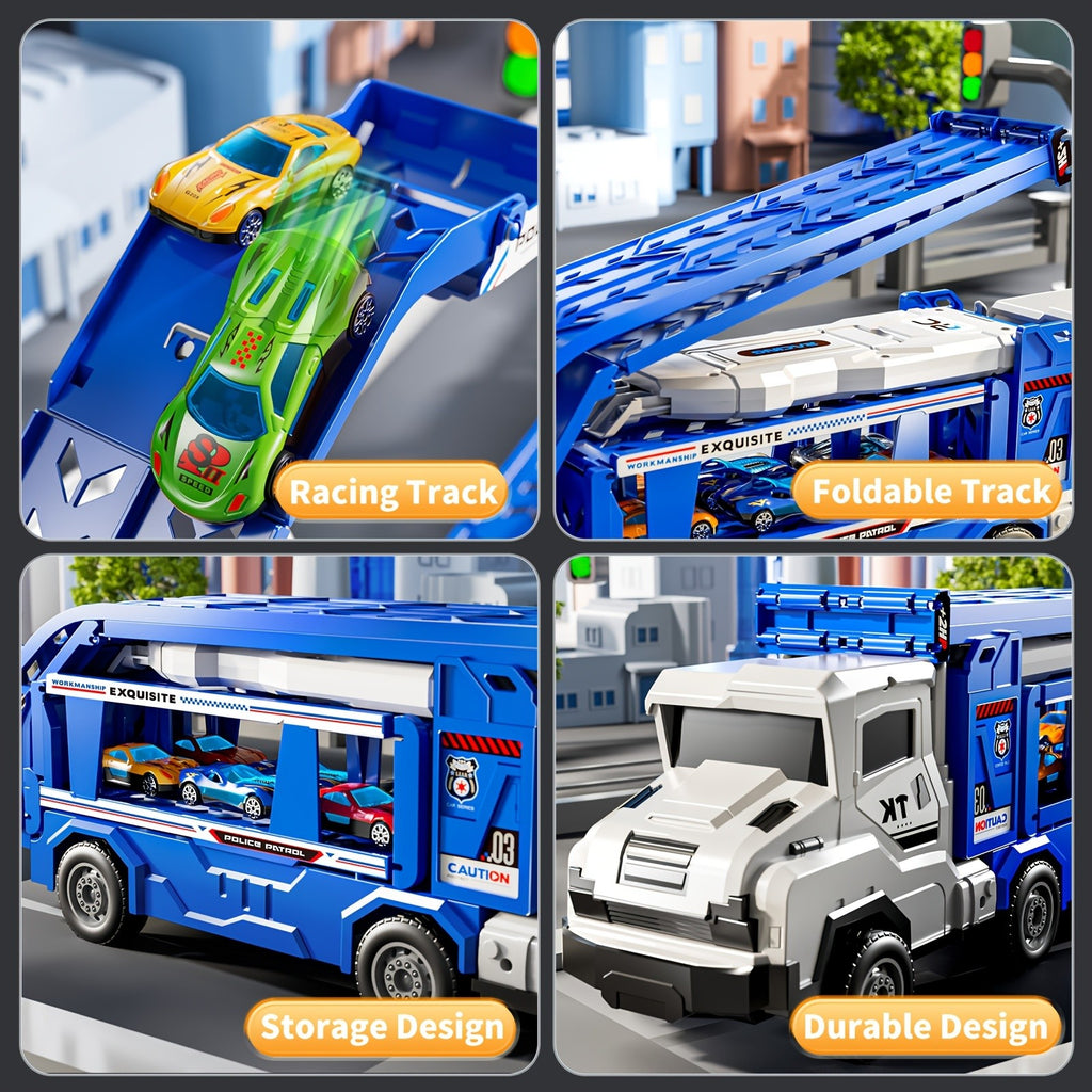 3-in-1 Kids Carrier Truck Toy with Car Tracks, 12 Racing Cars, Foldable Race Track & Garage – Toddler Birthday Gift for Boys Girls Ages 3+, Blue