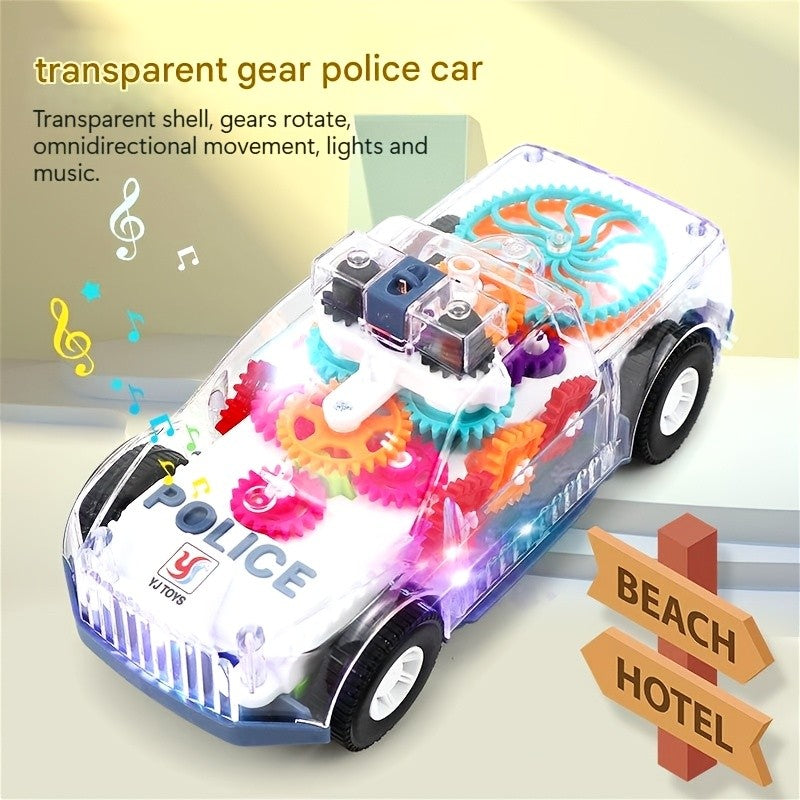 Electric Police Car Toy Transparent Gear Flashing Lights Music 360 Rotation Educational Toddler Toy for Kids Boys Girls Ages 3+ Birthday Christmas Gift