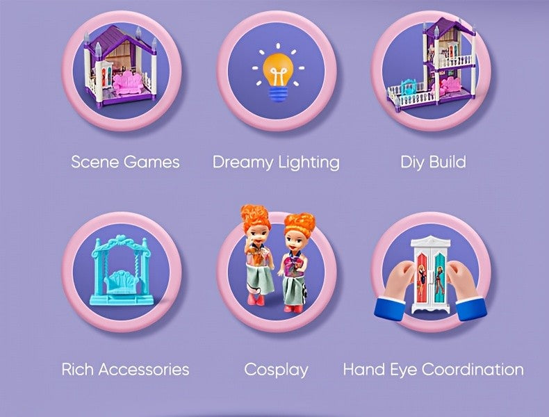 Dollhouse for Girls Ages 3-10 with Doll Figures Puppies Furniture Accessories LED Light - 6 to 16 Room Purple Playhouse, Imaginative Pretend Play Toy, Birthday Christmas Easter Gift for Girls