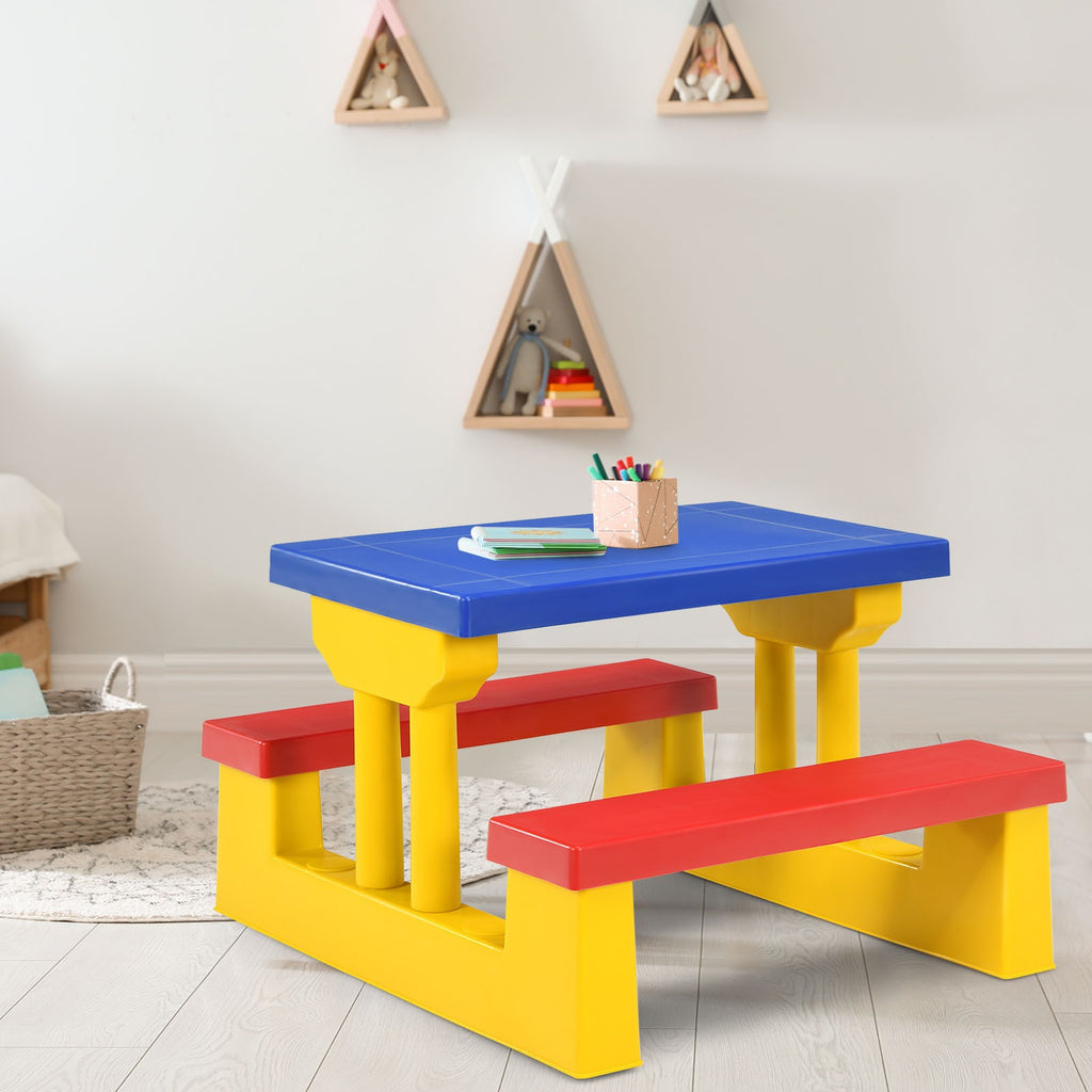 Kids Picnic Table Set with Removable Umbrella Outdoor Indoor 4-Seat Rainbow Colorful PP Toddler Garden Patio Furniture Birthday Gift