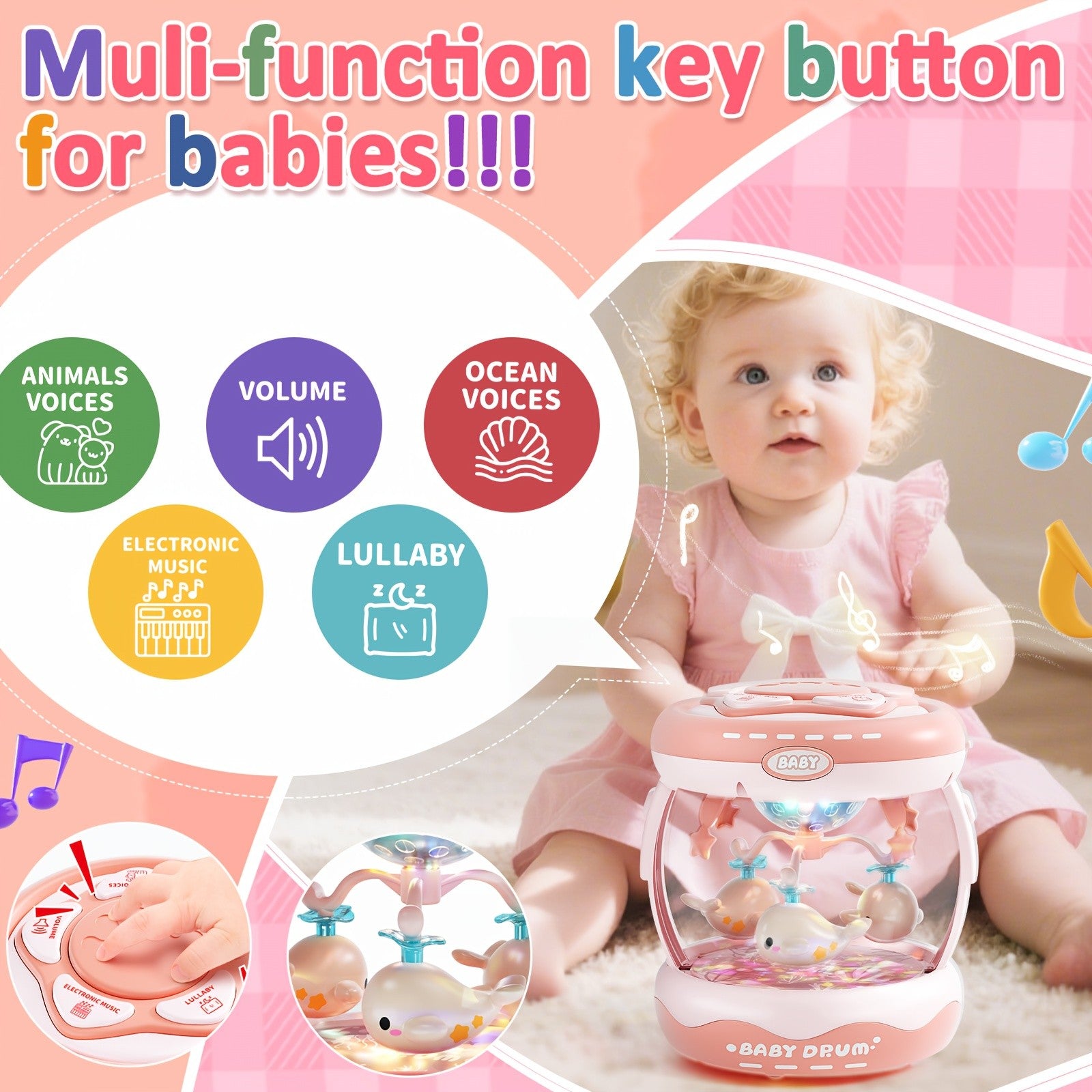JOVOW Baby Rotating Projector Music Toy for 3 Months+ – Interactive Animal Sounds & Music, Multi-Functional Sensory Learning Toy for Infant Boys Girls, Party Music, Skills Development, Pink & Blue
