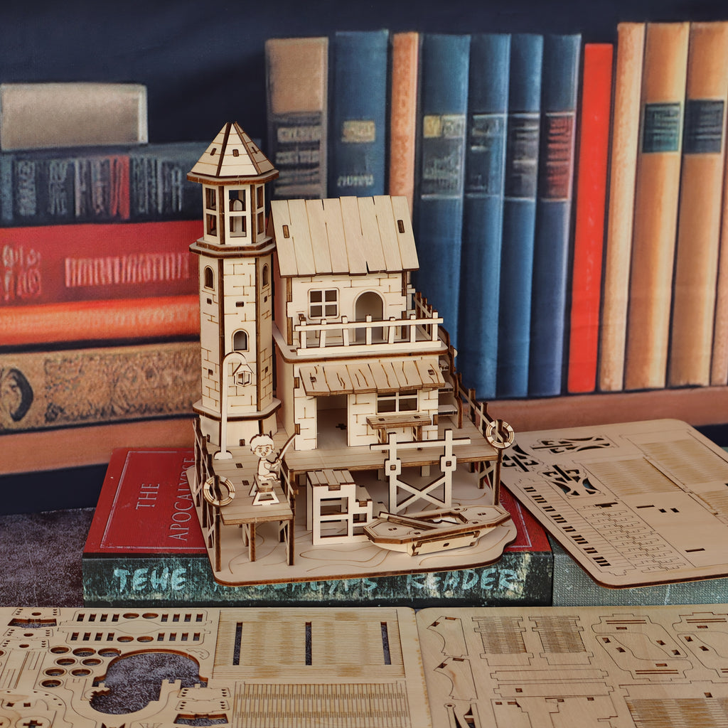 Wooden 3D Puzzle Model Kit Fisherman's Cabin - Handmade Wood Assembly Building Set for Adults & Kids, STEM Craft Gift