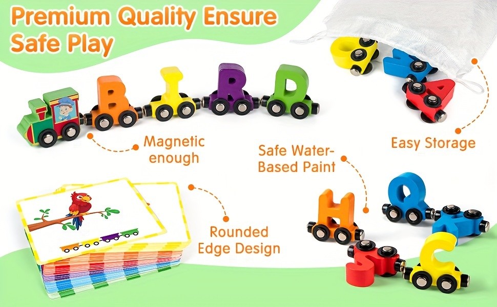 Magnetic Wooden Alphabet Train Set 27pcs – ABC Letter Learning Toy with 42 Flash Cards Engine Storage Bag – Educational Toy for Kids Boys Girls Ages 3 4 5 6