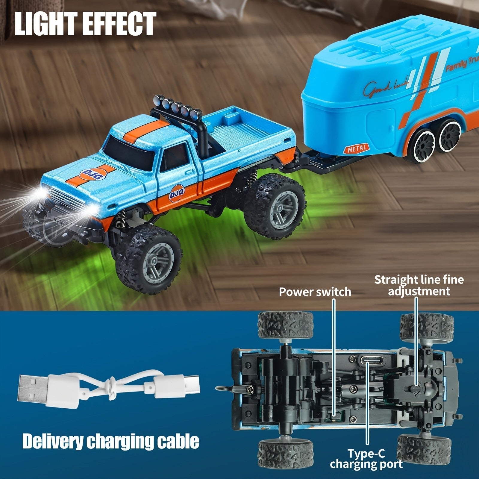 Mini RC Off-Road Truck 1/64 Scale Die-Cast with Trailer & Lights, 2.4GHz Rechargeable Climbing RC Car Adjustable Speed Pocket-Sized Palm Toy for Kids & Adults